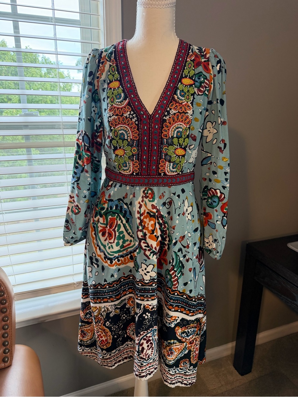 Embroidered V-Neck Midi Dress in Light Blue